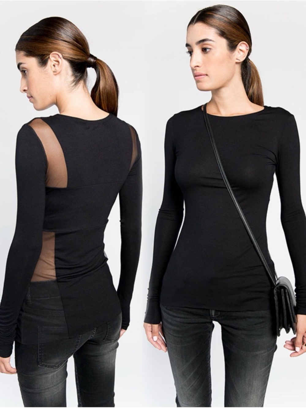 Black Long-Sleeve Mesh Panel Crewneck Top